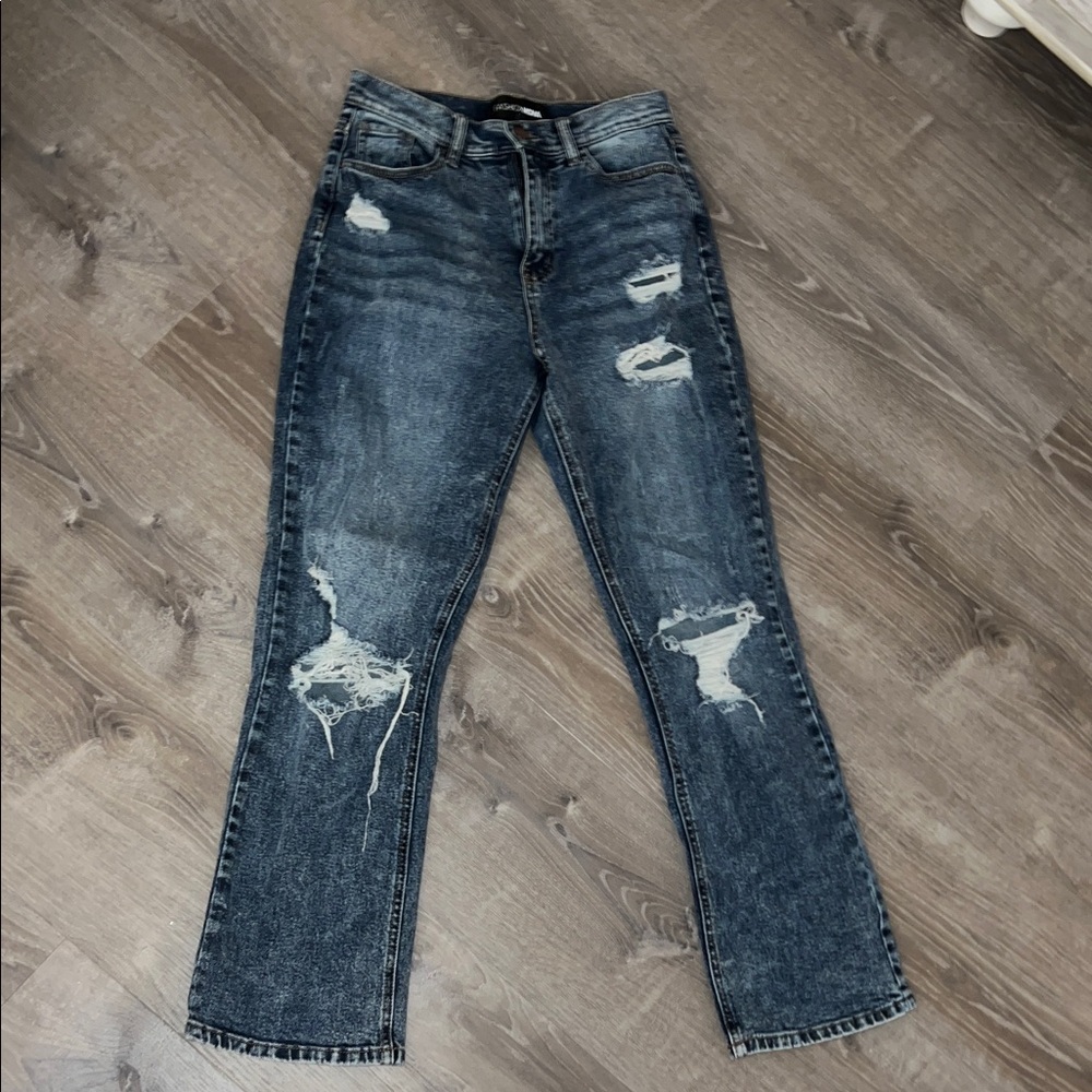 Fashion Nova Dark Blue Distressed Flare Jeans